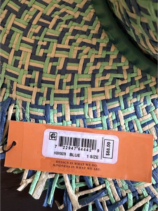 Kurt Geiger London Woven Straw Sun Hat Blue Green Fray Trim Eagle NWT main image 6